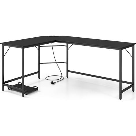 Bureau d'angle avec prises 168 x 50 x 74,5 cm espace de travail multifonctionnel design moderne en bois noir