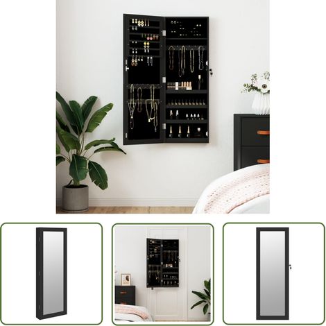 The Living Store Armoire à bijoux avec miroir murale noir 37,5x10x106 cm - Armoire À Bijoux - Meuble Rangement Bijoux - Miroir Décoratif - Organisation Bijoux - Coffre Bijoux (1/5)