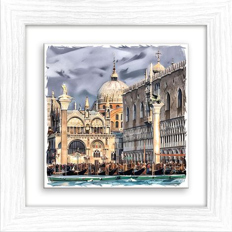 Lupia - Quadro moderno con paesaggi e localismi italiani, Ceramica e Stampa Rilievo, Cornice Legno Shabby Modern bianca, Decorazione Parete Quadretti Soggiorno 29x29 cm VENEZIA PIAZZA SAN MARCO GIORNO (1/4)