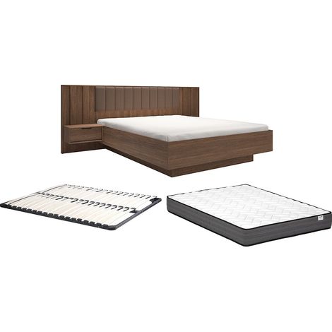 Lit avec chevets 160 x 200 cm et tête de lit en tissu - Coloris : Naturel foncé et marron + Sommier + Matelas - KALSIYA (1/5)