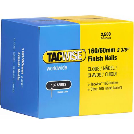 Tacwise – Boîte de 2500 clous de finition 16G L. 60 mm – Galvanisés pour bois dur – Force de maintien supérieure – Pour cloueurs électriques et pneumatiques (1/2)