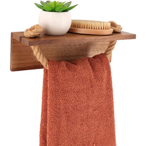 Mensola e portasciugamani in acacia + corda su adesivo - naturale - Tendance (1/5)