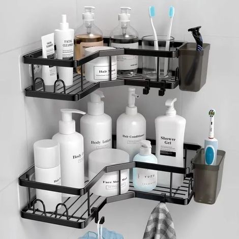 Étagère de douche 2 pièces, étagère d'angle de salle de bain, pas besoin de percer, étagère triangulaire en acier inoxydable, étagère de rangement de salle de bain sans perforation (1/5)