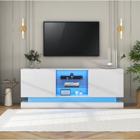 Mueble TV blanco 160 x 38,5 x 60 cm, estante de vidrio ajustable, para TV de 70 pulgadas HAVRYA (1/5)