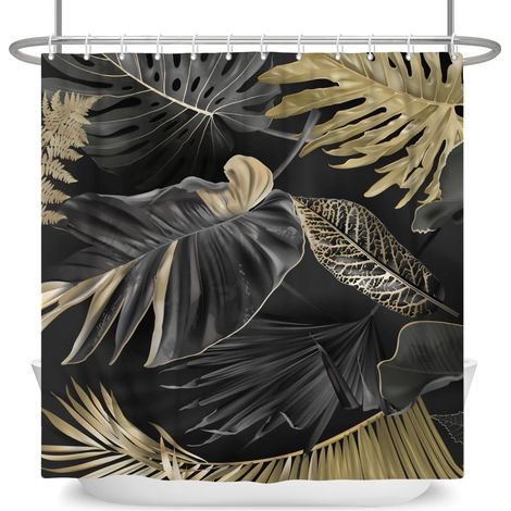 183x213cm Rideau de Douche Feuille de Palmier Noir Plante Tropicale, Jungle Botanique Moderne pour Salle de Bain Baignoire Étanche avec Crochets (1/5)