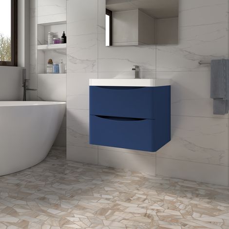 Bathroom Wall Hung Vanity Unit Basin Sink Drawers Storage Matt Blue Furniture UK (1/5)