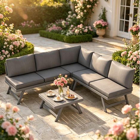 Set salotto angolare da esterno 115x61x65 cm in metallo grigio moderno FloraGrace (1/5)