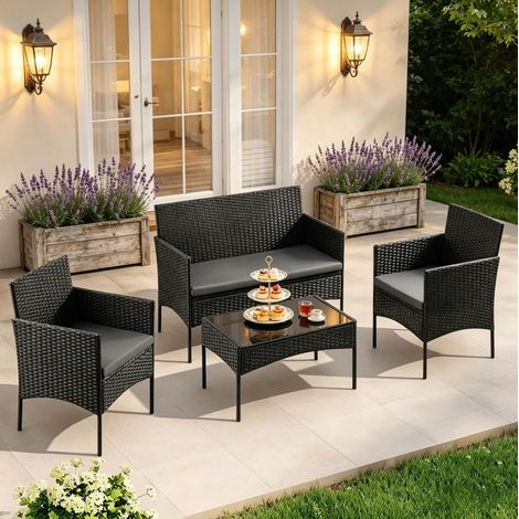 Conjunto de muebles de jardín para 4 personas, 4 piezas, con mesa de cristal, ratán negro (1/5)