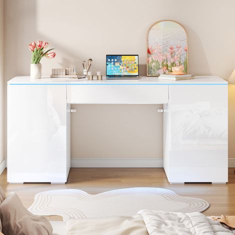 Bureau 140x50 cm avec LED, bureau d'ordinateur avec 1 tiroir et 2 portes push-to-open, grand plateau, panneaux de particules, blanc brillant (1/5)