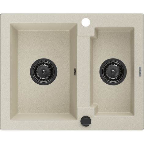 Mexen Carlos 1,5-Becken-Granitspüle 582 x 475 mm, Beige, Siphon Schwarz - 6518581500-69-B (1/5)