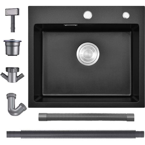 Evier Cuisine 1 Bac 50 x 45 cm, Evier Noir en Granit avec Panie de Vidange, Lavabo Cuisine pour Meubles Bas de 45 cm, Évier Cuisine Multifonction Siphon et Trop-plein (Noir) (1/5)