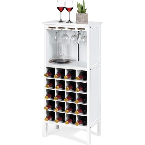 Costway – Casier à bouteilles de vin en pin – Capacité 20 bouteilles et 4 verres – Dimensions 42x24,5x96 cm – Pour cave, cuisine, salon, blanc (1/5)