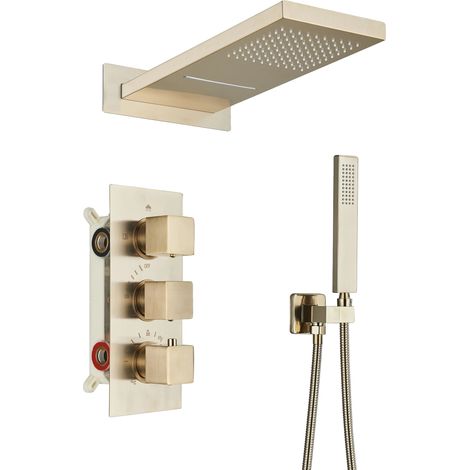 Grifería de ducha de 3 vías con control termostático, diseño moderno y acabado en oro cepillado. (1/2)