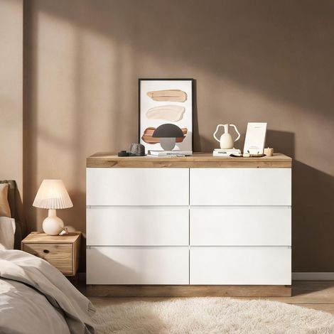 Commode 6 tiroirs 110 cm blanc et chêne pour chambre et salon (1/5)