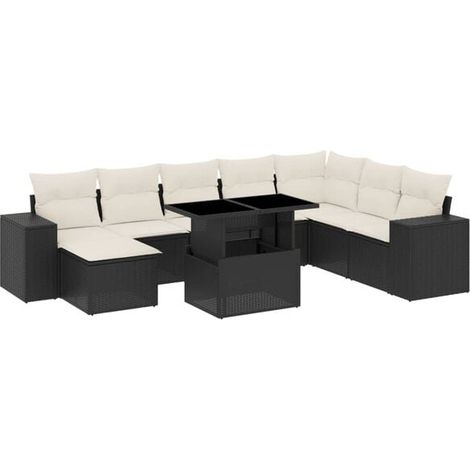 Ensemble de Meubles de Jardin en Rotin 9 Pièces avec Coussins Noirs (1/5)