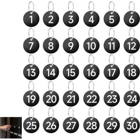 Confezione da 30 - Targhette numeriche da 1 a 30 - Portachiavi in plastica - Targhette numeriche rotonde - Con anello in metallo - Per armadietti e identificazione nei dormitori studenteschi - Nero -  (1/5)