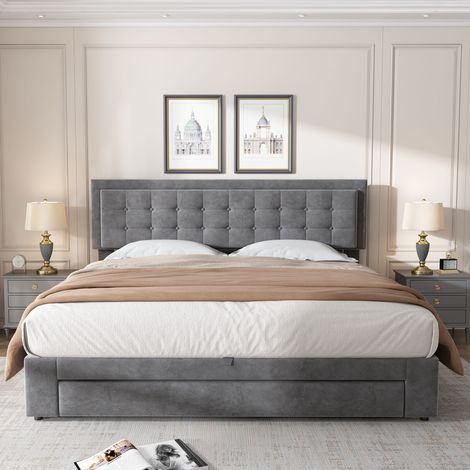 Lit double capitonné 160 x 200, avec coffre et tiroirs, tissu velours, grand espace de rangement, gris (1/5)