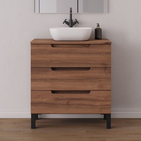 Meuble de salle de bain 60cm avec plateau et vasque à poser arrondie - sans miroir - 3 tiroirs - noyer (bois foncé) - RIZA (1/5)