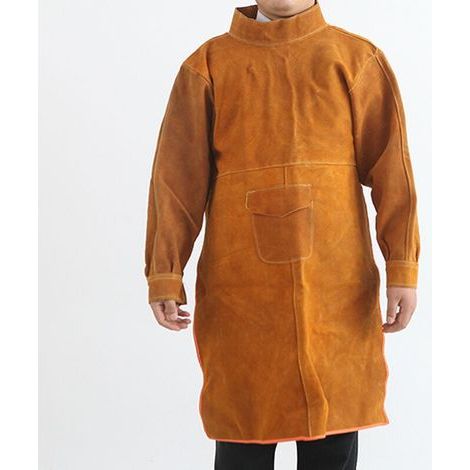 Tablier de travail de soudure en cuir ignifuge, résistant à l'usure, anti-brûlure vêtements de protection de soudure 130cm manches longues jaune (1/5)
