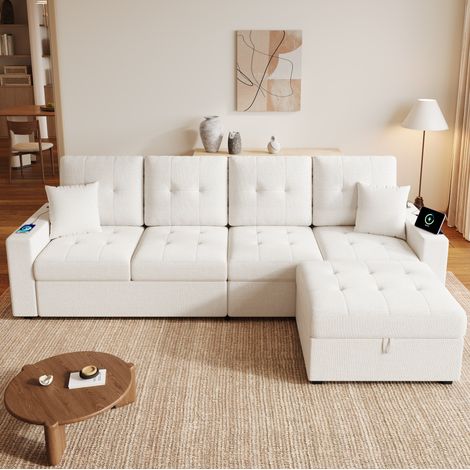 Sofá rinconero modular de 4 plazas con puf de almacenaje, USB, Type-C y LED beige HAVRYA (1/5)