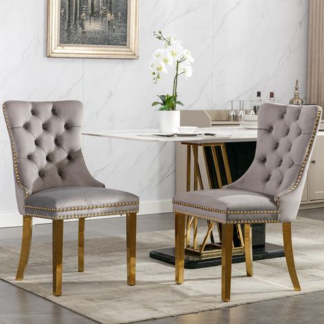 Chaises de salle à manger velours capitonné, lot de 2, pieds acier inoxydable doré, clous décoratifs haut de gamme, gris (1/5)