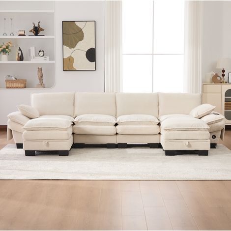 Sofá modular de 4 plazas beige en pana con 2 pufs, USB-C, bolsillos laterales y almacenaje 330x132x84 cm (1/5)