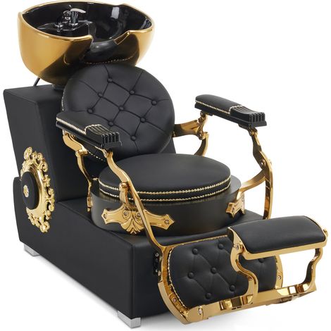 Barberpub Friseurstuhl mit Waschbecken, Friseurwaschbecken aus Keramik Verstellbar, Rückwärtswaschsessel Friseurwaschsessel für SPA Salon, Friseur Waschplatz Retro 8024 (Gold-Schwarz/PVC) (1/5)