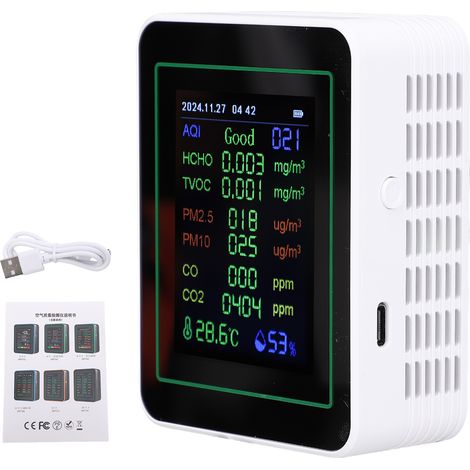 Moniteur de qualité de l'air 12 en 1 avec écran couleur de 2,8 pouces, détecte HCHO, TVOC, PM2,5, PM10, CO, CO₂, température et humidité, graphique de tendance des données en temps réel MT14 Blanc (1/5)