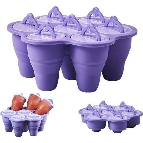 Pliable Moule à Glace, 7 Cavités Silicone Moule à Crème Glacée pour Sucettes Glacées Maison et Crème Glacée – Sans BPA (Violet) (1/5)