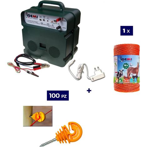 Komplettes Kit Für Den Weidezaun : 1 x Weidezaungerät Doppelstromversorgung 12V (Batterie) / 220 / 230 V Bis 5 Km Elektrozaun B12/2 + 1 x Weidezaunlitze 500 Mt 6 mm² + 100 St. Isolatoren Holzpfählen
