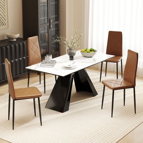 Set de 4 Sillas de Comedor Tapizadas de Piel Sintética con Respaldo Alto y Patas de Acero 41x50x97 cm Marrón (1/5)