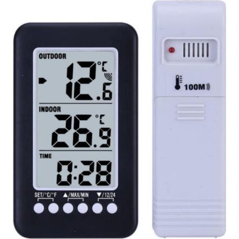 Thermomètre numérique sans fil LCD ℃/℉ avec horloge et émetteur pour intérieur/extérieur (1/5)