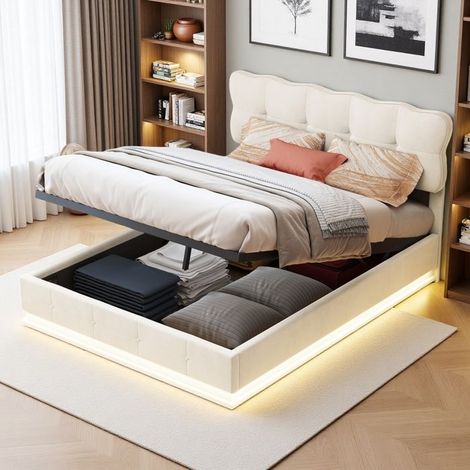 Cama doble cofre 140x200 cm - Beige - Somier de lamas - Diseño moderno - Mando a distancia luminoso