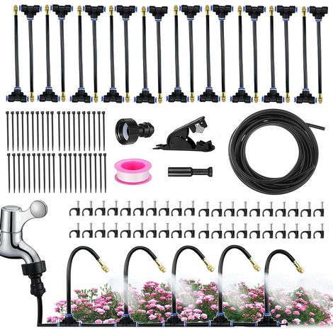 20M 360° Adjustable Garden Automatic Irrigation System Mist System with 20 Copper Nozzles, Flexible Hose for Greenhouse, Balcony, Patio, Raised Planter and Plant Watering (1/5)