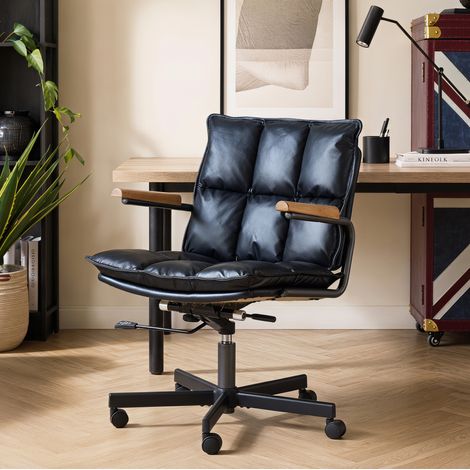 Chaise de bureau en cuir noir à roulettes, accoudoirs en chêne et hauteur réglable OKWISH (1/5)