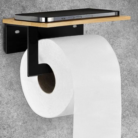 Porte Rouleau Papier Toilette Mural Adhesif Noir Mat avec Étagère en Bambou (1/5)