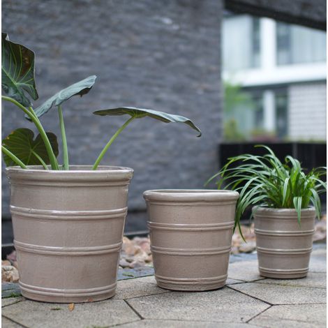 3er-Set Keramik-Blumentöpfe Ø 40,5/32/24 cm glänzend Taupe mit Ablaufloch – MEUBLIV (1/5)