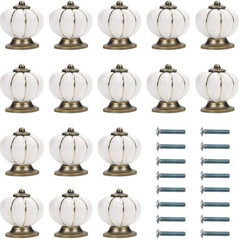 Weiße und goldene Keramik-Möbelknöpfe mit kürbisförmigen Schrauben (16er-Pack) – 3,6 x 3,8 cm – Runde Vintage-Möbelknöpfe – Für Zuhause, Büro, Küchenschränke, Schubladen und Kommoden