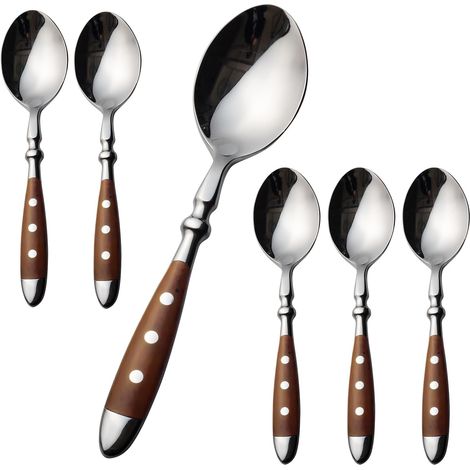 Lot de 6 cuillères à café, acier inoxydable 18/0, poignées marron, design rustique, pour maison et salle à manger