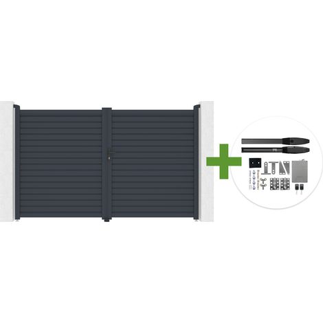 Portail battant 3m CALANCIA H.180cm lames persiennes aluminium gris + moteur HICKER B200