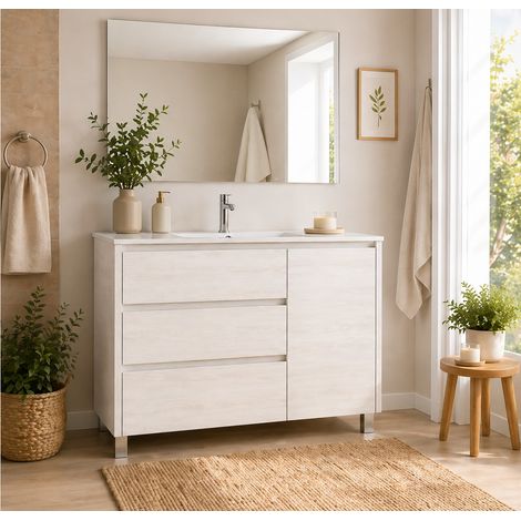 Mobile Bagno VOLUM Già Montato 3 cassetti e porta, lavabo e specchio Bianco nordico 90x40 cm