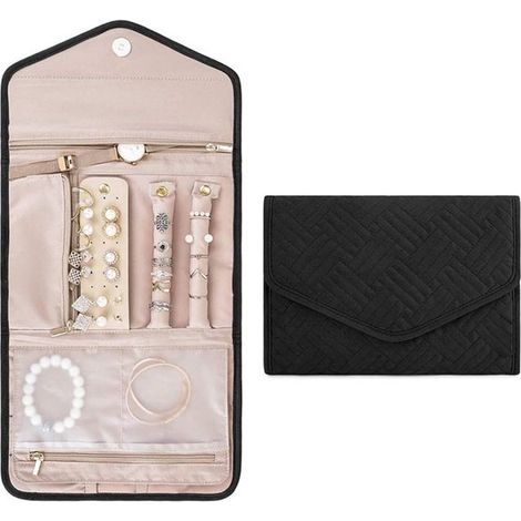 Pliage de rangement pour bijoux – Noir – Sac de voyage organisateur – Pour boucles d'oreilles, bagues, colliers – Cadeau (1/5)