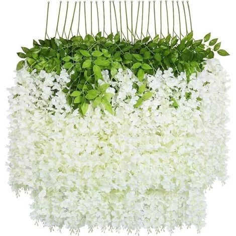 Fleurs artificielles 24 Pcs/100cm Glycine Artificielle Guirlande de Fleurs Artificielles Blanche Feuilles Vertes avec Fleurs Plastiques Suspendues Vigne Plante Suspendue Plastique Mariage Décor Murale (1/4)