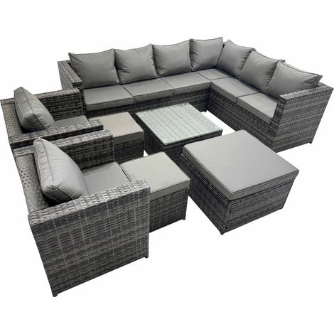 Fimous Outdoor PE Rattan Garden Furniture Sofa Set with Square Coffee Table 3 Stools 2 Chair Dark Grey (1/5)