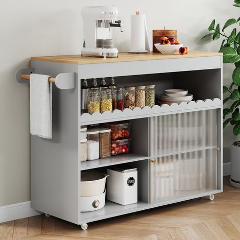 Îlot de cuisine mobile 122 x 46-69 x 91 cm - MDF gris, plateau rabattable, portes verre trempé, roulettes (1/5)