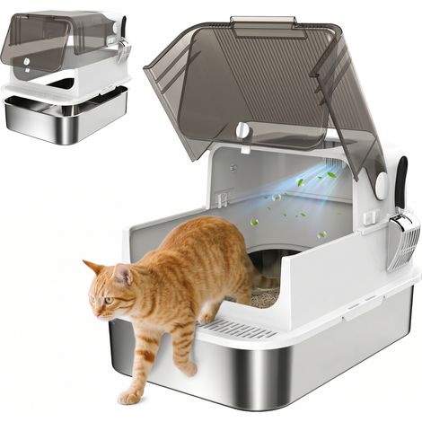 PawHut arenero para gatos de acero inoxidable XXL, tapa abatible, laterales altos, entrada superior, pala, fácil de limpiar, antifugas, blanco (1/5)