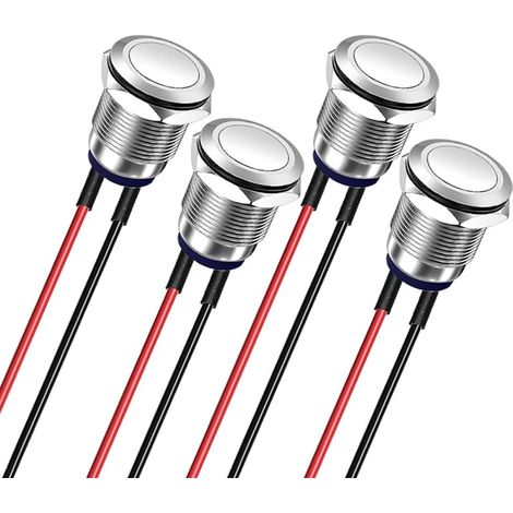4pièces Précâblé 12mm 3A 12V/24V/110V/250VAC Interrupteur à Bouton-Poussoir Etanche Verrouillage en Acier Inoxydable Bouton-Poussoir Marche-Arrêt (Tête Plate) (1/5)