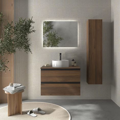 Meuble de salle de bain BEQUIA METAL 80cm Noyer  Avec plan toilette (vasque non incluse) (1/5)
