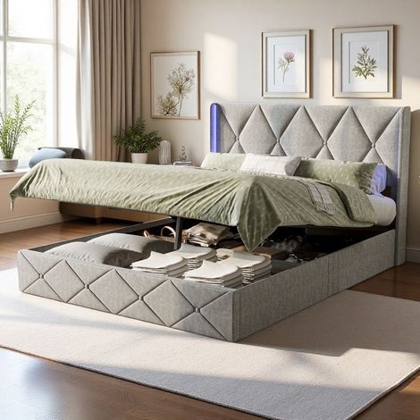 Bett Hydraulisch 140x200 cm - Bett mit integriertem Stauraum und seitlicher RGB-LED - Velours Grau Ice-Flower Design Luxus