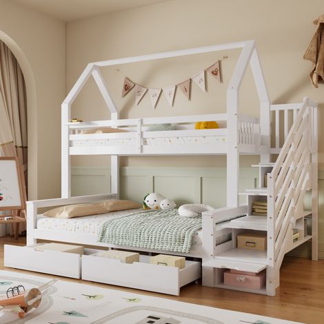 letto contenitore 90x200 con scala e cassetti bianco HAVRYA (1/5)